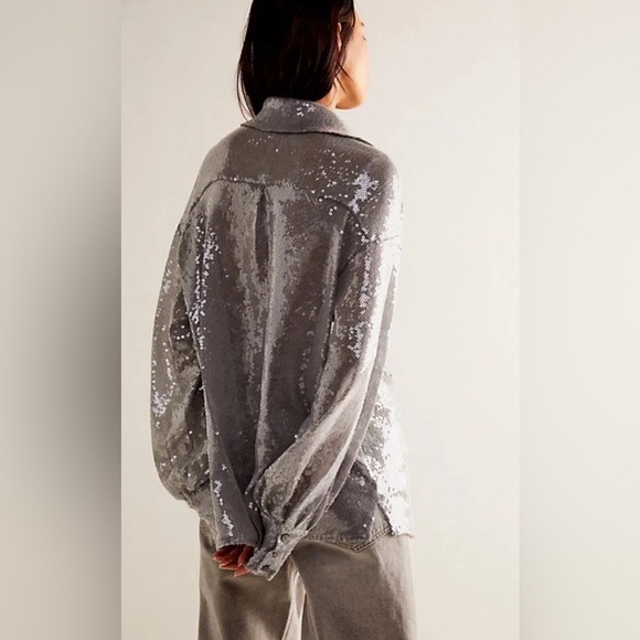 Free People “Disco Margarita” Sequin Button-Down Shirt – Silver – Size Small - Picture 5 of 16